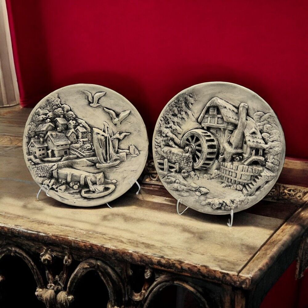 Vtg Wall Plates Decor Set M Helman Black White Raised Coastal Lakehouse Decor